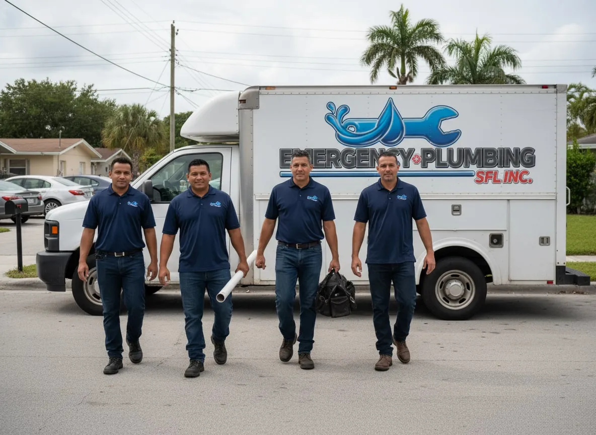 Plumbers walking toward the camera carrying tools and a length of pipe, in front of a company service truck parked on a residential street