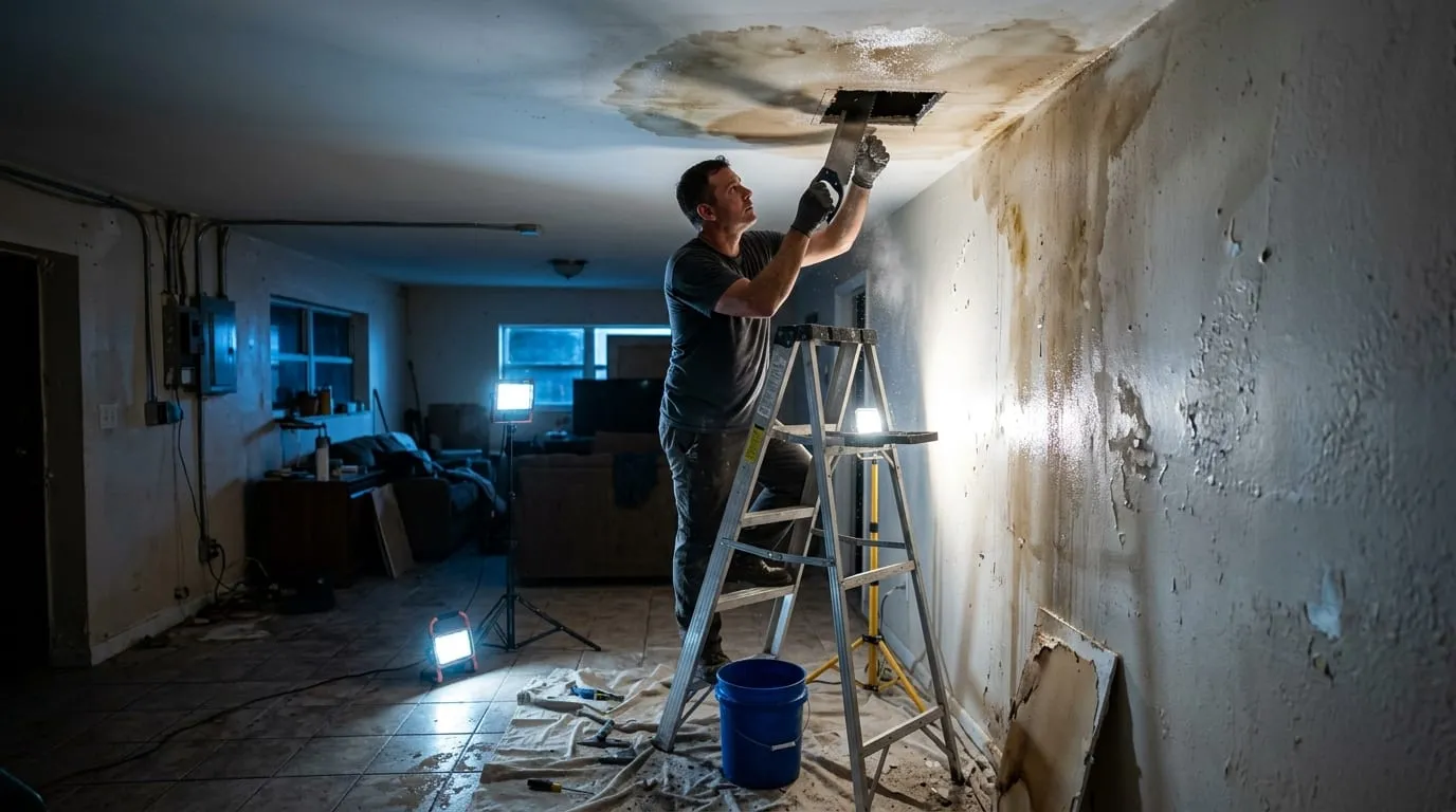 A plumber cutting an inspection hole into a ceiling where a leak has spread